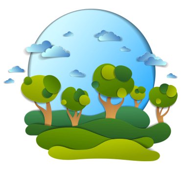 Çayırlar ve ağaçlar, bulutlu gökyüzü, yaz alanları ve otlaklar vektör çizim doğal peyzaj