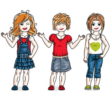 Şık rahat kıyafetler içinde duran sevimli küçük kız çocuklar ilüstrasyonlar vektör ayarla