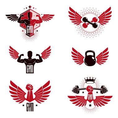 Fitness ve ağır spor salonu spor kulübü logo şablonlar, retro tarzı vektör Amblemler ayarla