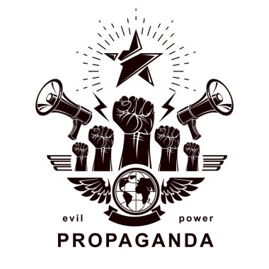 Hoparlörler ile oluşan banner pazarlama, yükseltilmiş sıkışık yumruk ve dünya gezegen, vektör çizim, Propaganda etkisi küresel kamuoyu üzerinde aracı olarak