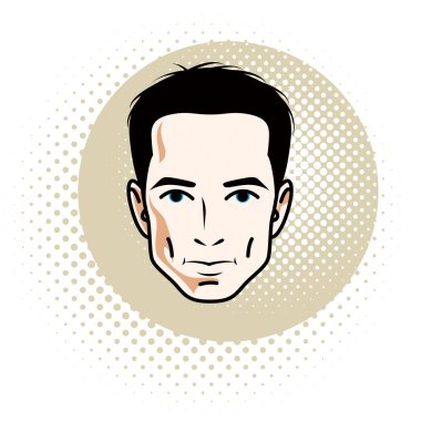 Beyaz emin brunet erkek, çekici erkek yüz, vektör insan portre