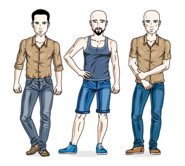 Mutlu adamlar ayakta giyiyor rahat kıyafetler, vektör insanlar illüstrasyonlar set Grup