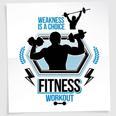 Fitness dumbbells spor ekipmanları tutan atletik vücut geliştirmeci vücut siluet vektör çizim ile oluşturulan Halter Şampiyonası tanıtım el ilanı