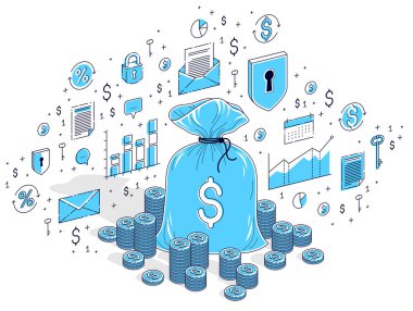 Para çantasını izole beyaz ve kişisel kazanç kavramı üzerinde nakit para doları yığınlar ve para yığınları ile vektör çizim