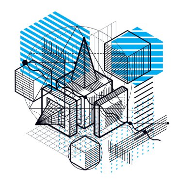 3D soyut vektör izometrik arka plan, küpleri, altıgenler, kareler, dikdörtgenler ve farklı soyut öğeler düzenini