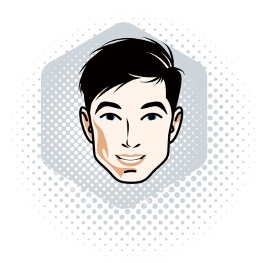 Vektör çizim yakışıklı brunet erkek yüzü, pozitif yüz özellikleri, clipart
