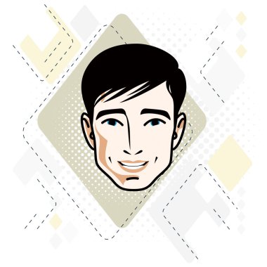 Vektör çizim yakışıklı brunet erkek yüzü, pozitif yüz özellikleri, clipart