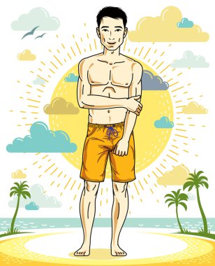Şort, vektör atletik erkek illüstrasyon, yaz tatil yaşam tarzı tema çizgi film tropik sahilde duran brunet yakışıklı genç