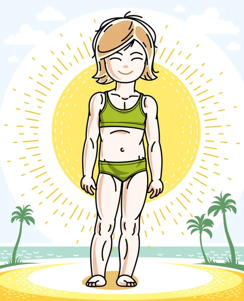 Krásná Malá Blondýnka Pózuje Tropické Pláži Palmami Vektorové Ilustrace Kid — Stockový vektor