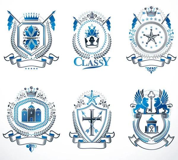Set Vector Vintage Emblems Created Decorative Elements Crowns Stars Crosses — Stock Vector