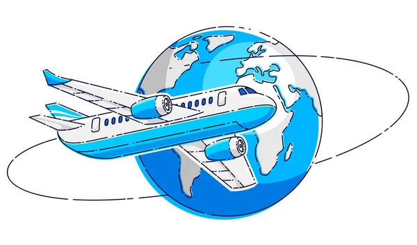 Fluglinien Flugreise Emblem Oder Illustration Mit Flugzeug Linienflugzeug Und Planet — Stockvektor