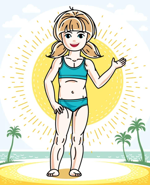 Roztomilá Malá Blondýnka Tropické Pláži Palmami Vektorové Ilustrace Lidských Nosit — Stockový vektor