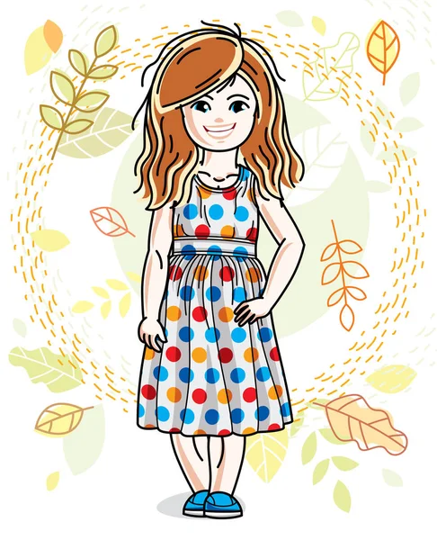 Cute Happy Little Red Haired Girl Posing Background Autumn Landscape — Stock Vector