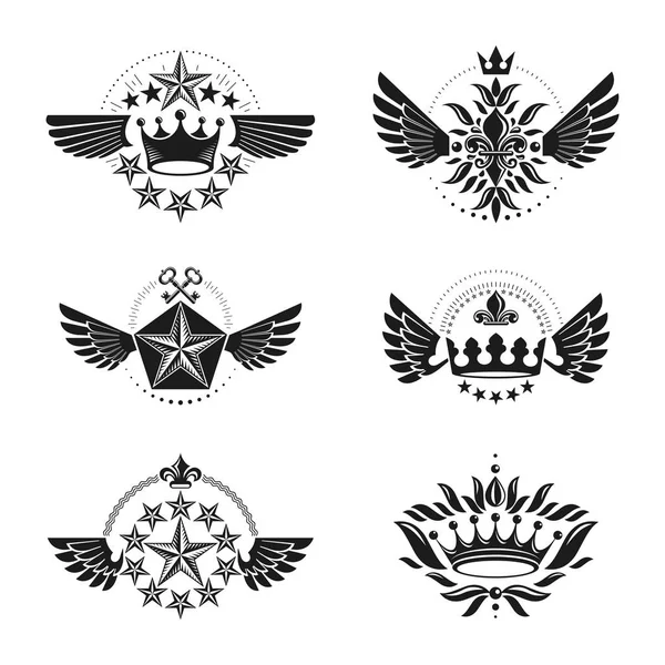 Antike Kronen Und Militärische Sterne Embleme Set Heraldische Vektordesign Elemente — Stockvektor