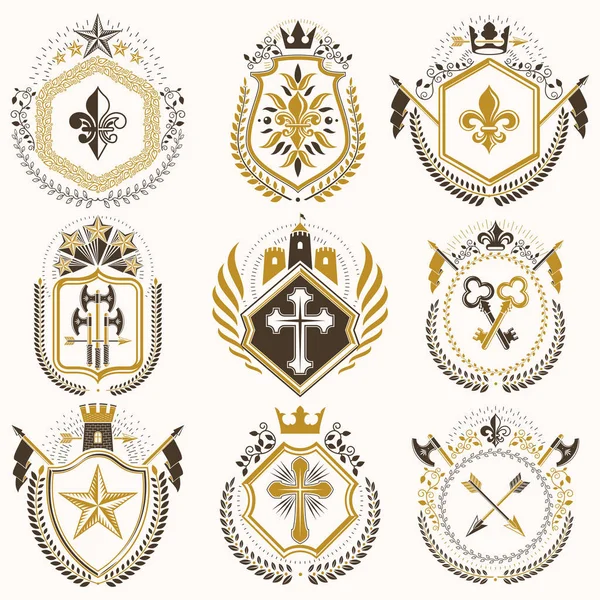 Vektor Vintage Heraldikai Címert Tervezett Odaítélési Stílusban Középkori Tornyok Armory — Stock Vector