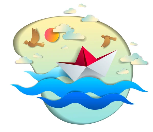 Origami Brinquedo Navio Papel Nadando Ondas Oceânicas Bela Ilustração Vetorial — Vetor de Stock