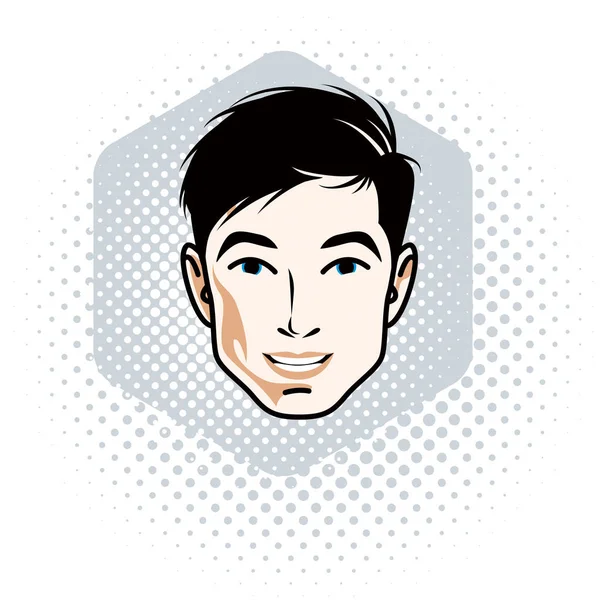 Vektör çizim yakışıklı brunet erkek yüzü, pozitif yüz özellikleri, clipart
