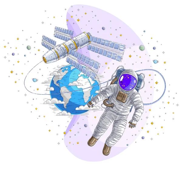 Ilustração Vetorial Astronauta Saiu Para Espaço Aberto Conectado Estação Espacial — Vetor de Stock