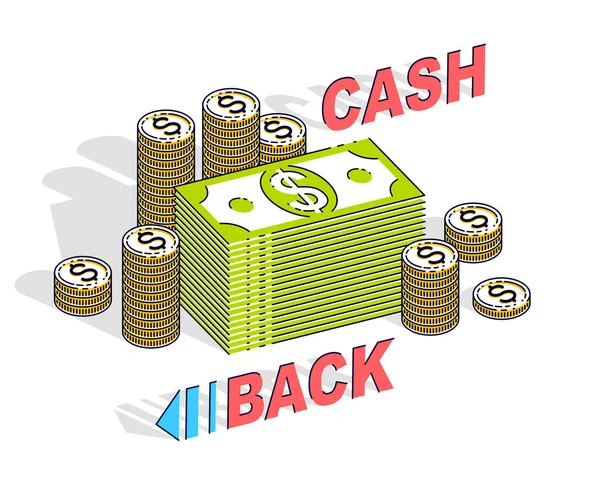 Концепція Cash Back Грошові Доларові Стопки Центові Монети Написом Ізольовані — стоковий вектор