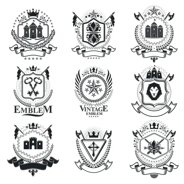 Embleme Decorative Epocă Compoziții Vectori Heralzi Colecție Ilustrații Simbolice Înaltă — Vector de stoc