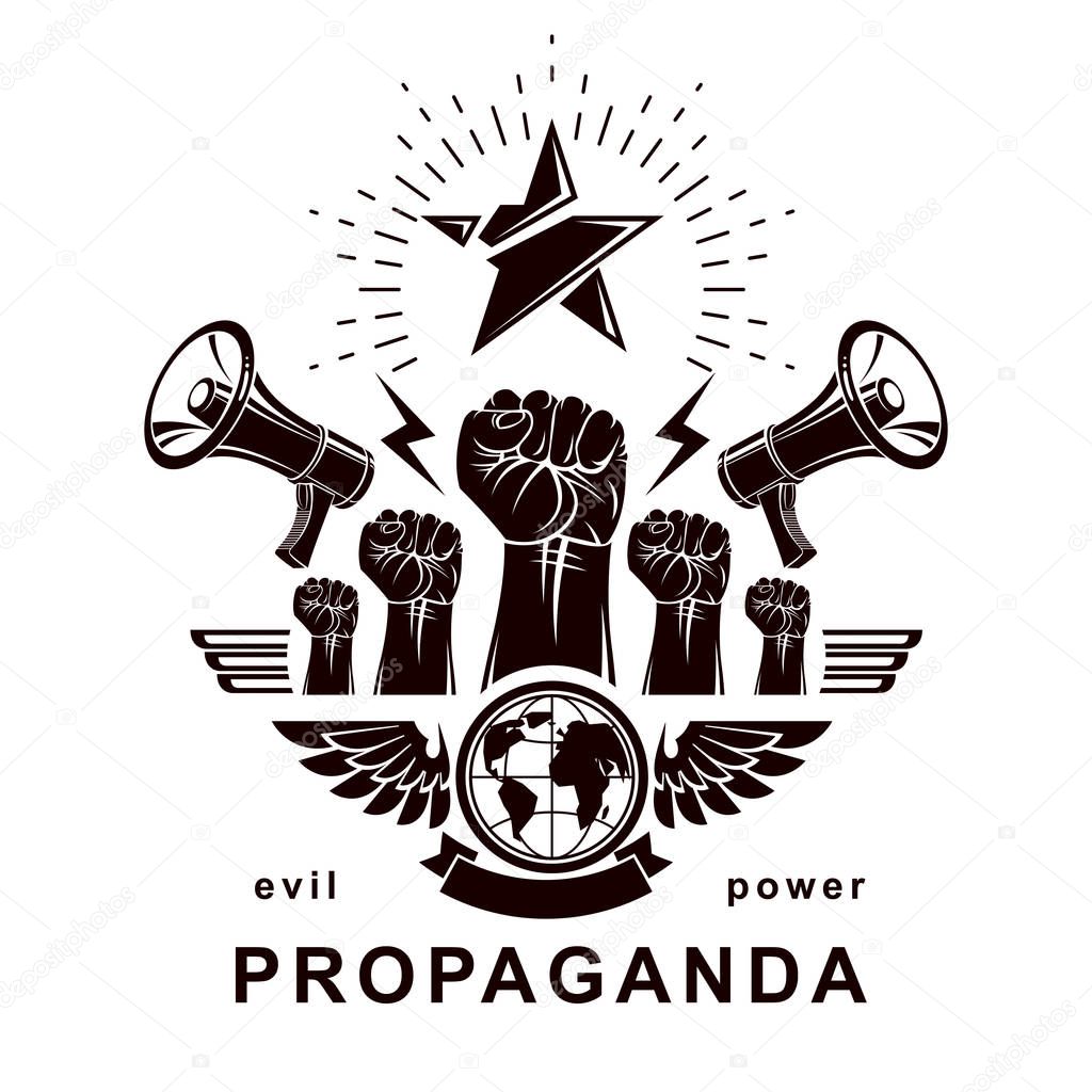 Marketing banner composed with loudspeakers, raised clenched fists and Earth planet, vector illustration, Propaganda as the means of influence on global public opinion