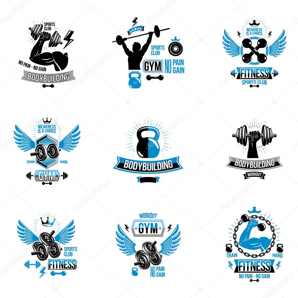 Set of vector cross fit and fitness theme emblems and motivational posters created with dumbbells, barbells, kettle bells sport equipment and muscular athlete body silhouettes