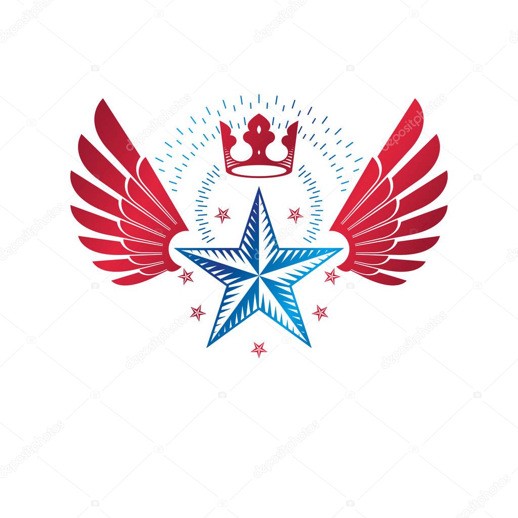 Military Star emblem, winged victory award symbol created using imperial crown, Heraldic Coat of Arms decorative logo isolated vector illustration