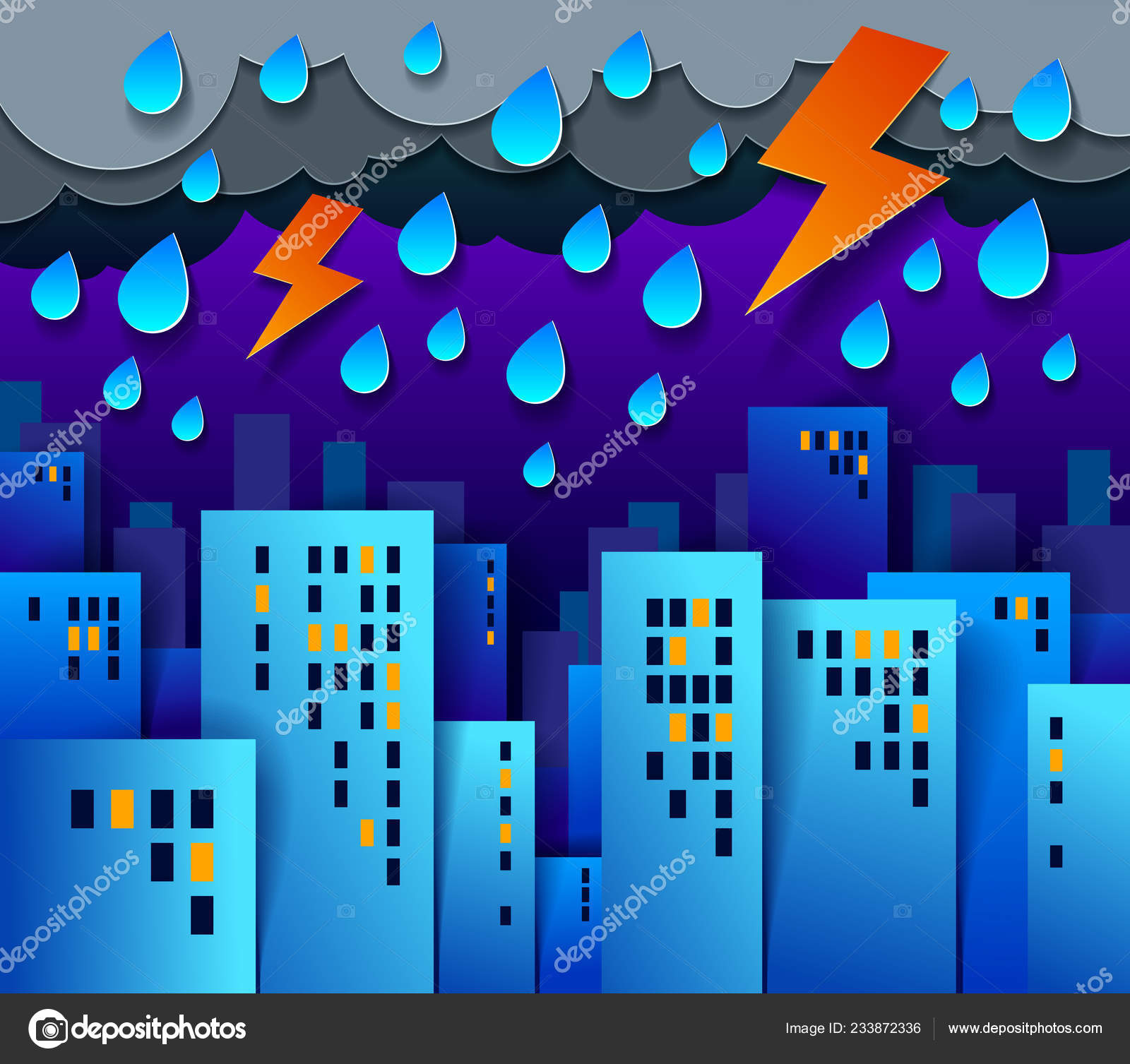 Cityscape Грозой Молния Ночное Время Мультфильм Вектор Иллюстрации.