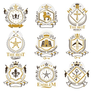 Kartal kanatları, dini haçlar, Tophane ve Ortaçağ kaleleri, hayvanlar gibi öğelerle Vintage dekoratif hanedan vektör Amblemler oluşur