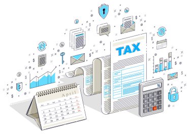 hesap makinesi ve üzerinde beyaz izole takvim ile vergi form veya kağıt sayfa yasal belge vektör çizim