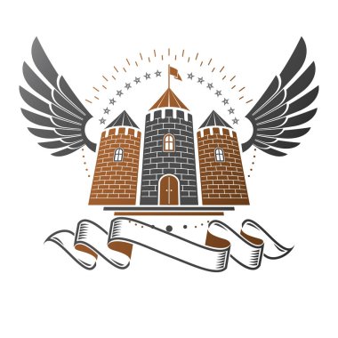 Eski Fort amblemi, Hanedan Arması izole dekoratif logo vektör çizim, beyaz arka plan üzerinde eski tarzda süslü logo