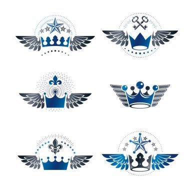 Görkemli kron ve eski yıldız amblem seti, Hanedan Arması dekoratif logoları vektör çizimler toplama izole