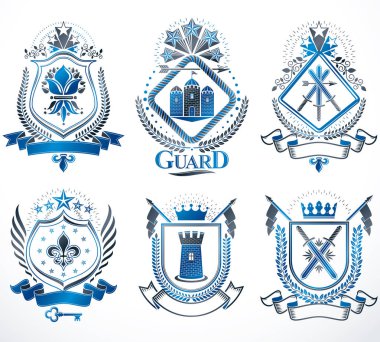 Tasarım öğeleri ile oluşturulmuş vektör retro vintage insignias kümesi tarihlerde Ortaçağ kaleleri, Tophane, vahşi hayvanlar, İmparatorluk kron