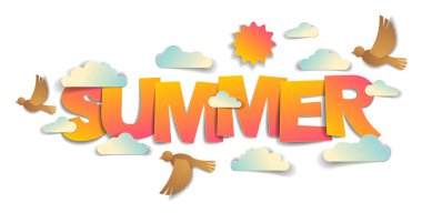 Kuşların güneş ve bulutların oluşturduğu kâğıt kesim sözcüğü modern tarz karikatür kağıdı 3D illüstrasyon kesiyor.