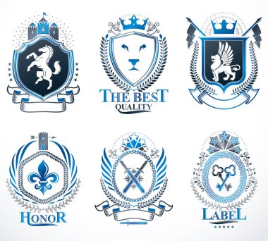 Tasarım öğeleri ile oluşturulmuş vektör retro vintage insignias kümesi tarihlerde Ortaçağ kaleleri, Tophane, vahşi hayvanlar, İmparatorluk kron