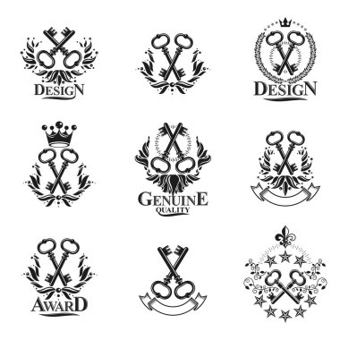 Eski anahtar teslimi anahtarları amblem seti. Hanedan vektör tasarım öğeleri koleksiyonu, Retro tarzı etiket, hanedanlık armaları logosu
