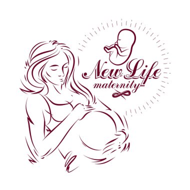Hamile kadın vücut şekli elle çizilmiş vektör çizim, güzel Bayan hafifçe karnına dokunmak