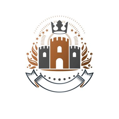 Antik kale amblemi, Hanedan Arması izole dekoratif logo vektör çizim, beyaz arka plan üzerinde eski tarzı antika logo