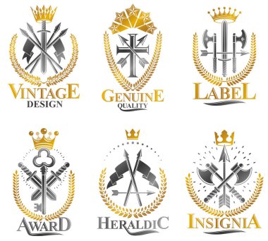 Vintage silah Amblemler set, Hanedan Arması, vintage vektör Amblemler koleksiyonu