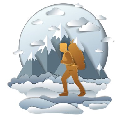 Otlaklar yüksek dağ zirveleri arka planda, vektör çizim ile yürürken uzun yürüyüşe çıkan kimse adam