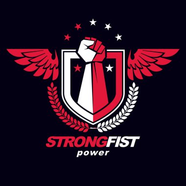 Kartal kanatları, pentagonal yıldız ve defne çelengi ile yapılan bir güçlü adam vektör çizim kas yumruk