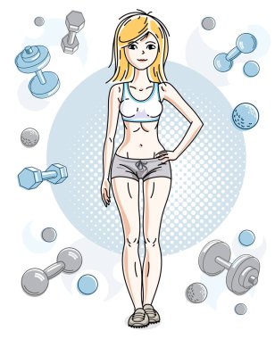 Basit ve arka plan üzerinde halter Barbell, çekici Bayan vektör çizim poz güzel sarışın genç atletik kadın