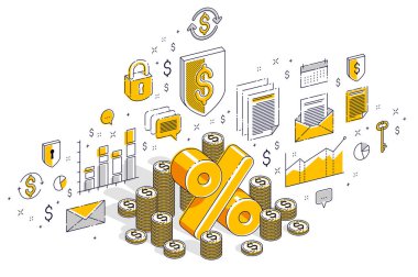 Yüzde oranı gelir kar kavramı, nakit para ile yüzde simgesi yığını üzerinde izole beyaz arka plan, izometrik 3B vektör illüstrasyon simgeler, istatistik grafikleri ve tasarım öğelerini ile finans