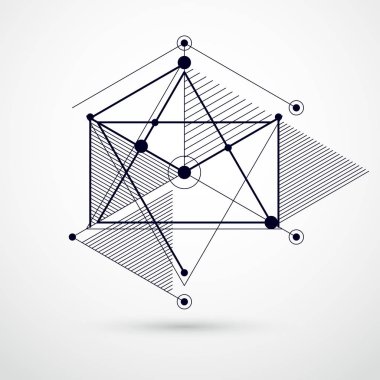 Oluşturulan izometrik kafes çizgileri stili, mekanik düzeni, vektör çizim küp ve mekanizma parçaları ile mühendislik siyah ve beyaz arka plan vektör