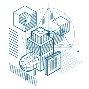 İzometrik doğrusal soyut vektör arka plan, çizgili soyutlama, küpler, altıgenler, kareler, dikdörtgenler ve farklı soyut öğeler