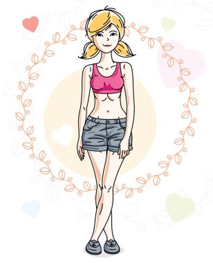 Genç güzel sarışın kadın ile kalpleri sevgi dolu ve rahat kıyafetler, vektör çekici kadın illüstrasyon giyen parlak arka plan üzerinde poz