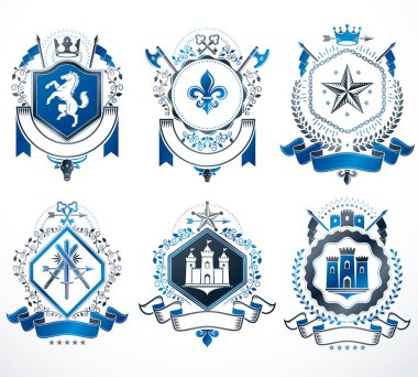 Kron, yıldız, gibi dekoratif öğeler ile oluşturulmuş vektör vintage Amblemler kümesi haçlar, cephanelik ve hayvanlar