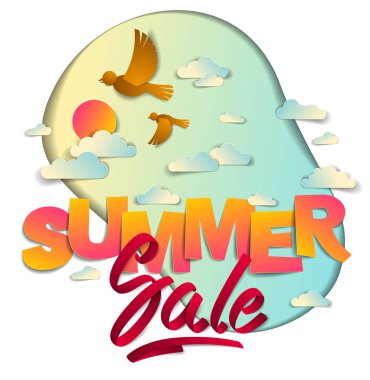 Yaz indirimi reklam tasarımı kuşların güneş ve gökyüzünde bulutlar, kağıt kesiği ve kurdele kelimeleri vektör modern karikatür kağıdı kesim 3d illüstrasyon