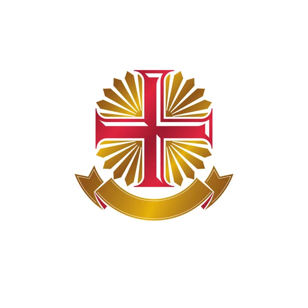 Christian Cross Emblème Doré Orné Ruban Luxe Armoiries Héraldiques Logo — Image vectorielle