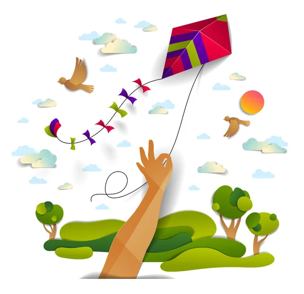 Hand Holding Kite Cloudy Sky Birds Flying Sun Meadows Trees — Stock Vector